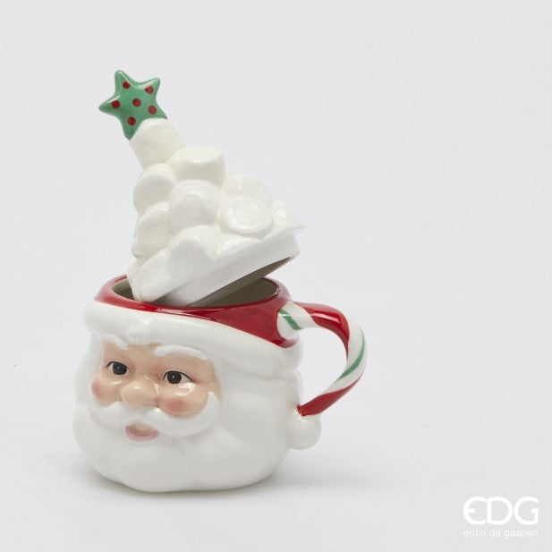 TAZZA DI BABBO NATALE IN CERAMICA CON COPERCHIO, H18XØ10, COLORE BIANCO E ROSSO