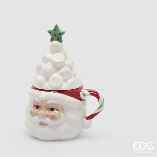 TAZZA DI BABBO NATALE IN CERAMICA CON COPERCHIO, H18XØ10, COLORE BIANCO E ROSSO