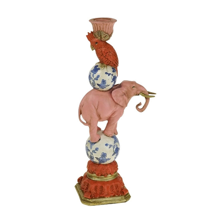 PORTACANDELA UCCELLO E ELEFANTE IN POLIRESINA, 13X9X30.5CM, ROSA