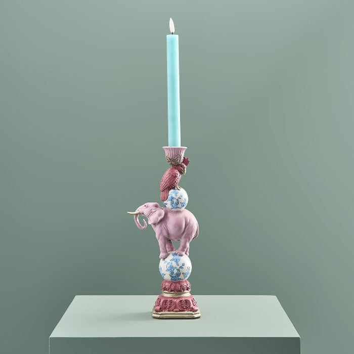 PORTACANDELA UCCELLO E ELEFANTE IN POLIRESINA, 13X9X30.5CM, ROSA