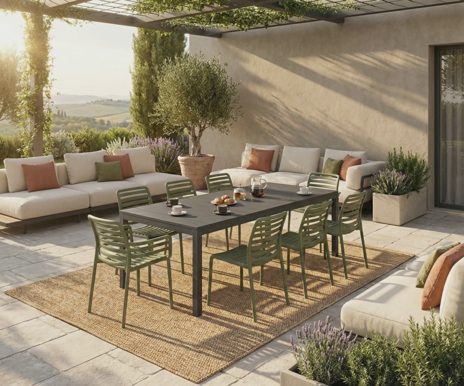 Video laden: ANGEBOT: Ausziehbarer Tisch Rio 210/280 cm, Anthrazit + 6 Stühle + 2 Sessel in Agave Doga