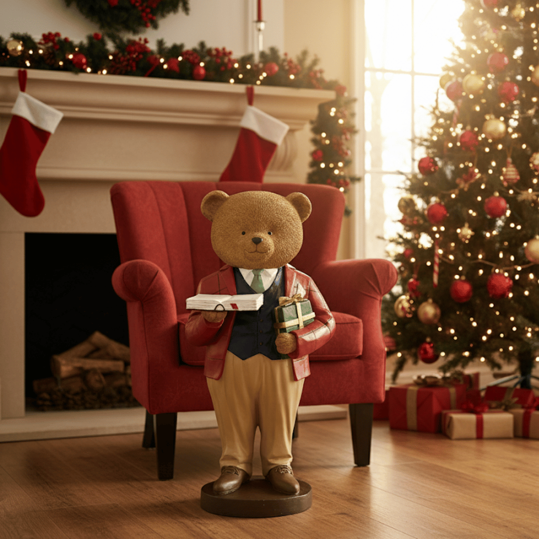 STATUA NATALIZIA, ORSO CON LIBRO E REGALO IN MANO, 45X43X98 CM