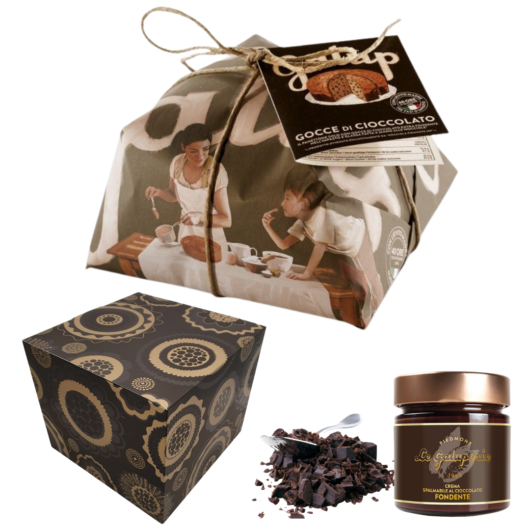 SCATOLA REGALO CON PANETTONE GALUP CON GOCCE CIOCCOLATO 750GR + CREMA CIOCCOLATO FONDENTE SPALMABILE