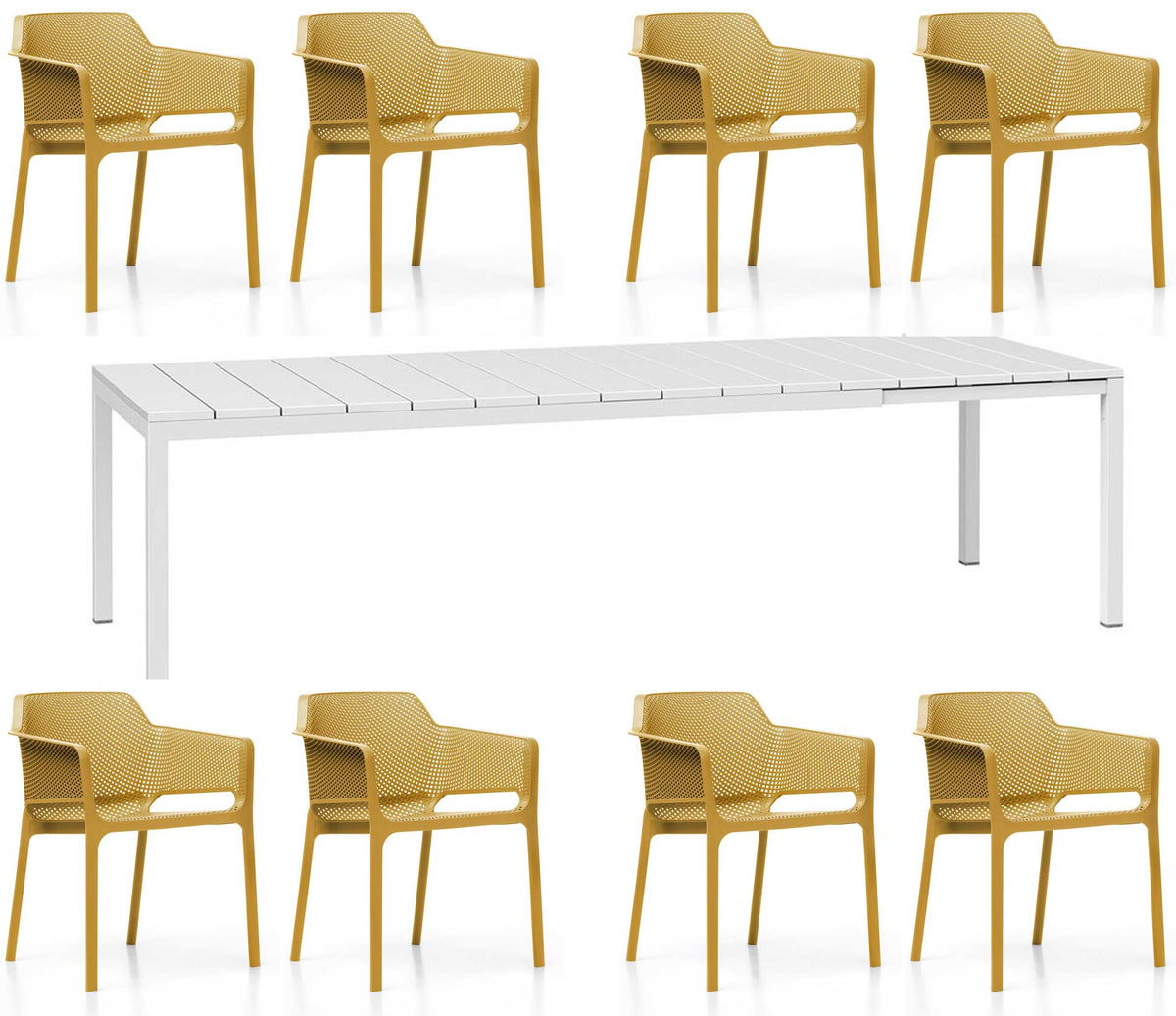 OFFRE : TABLE EXTENSIBLE RIO 210/280 + 8 FAUTEUILS EN FILET DANS LA COULEUR DE VOTRE CHOIX