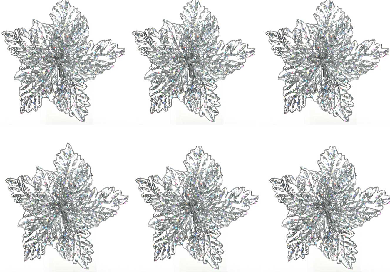 OFFERTA 6 POINSETTIA APPENDIBILE CON CLIPS 23.5 X 10 CM CON GLITTER ARGENTO