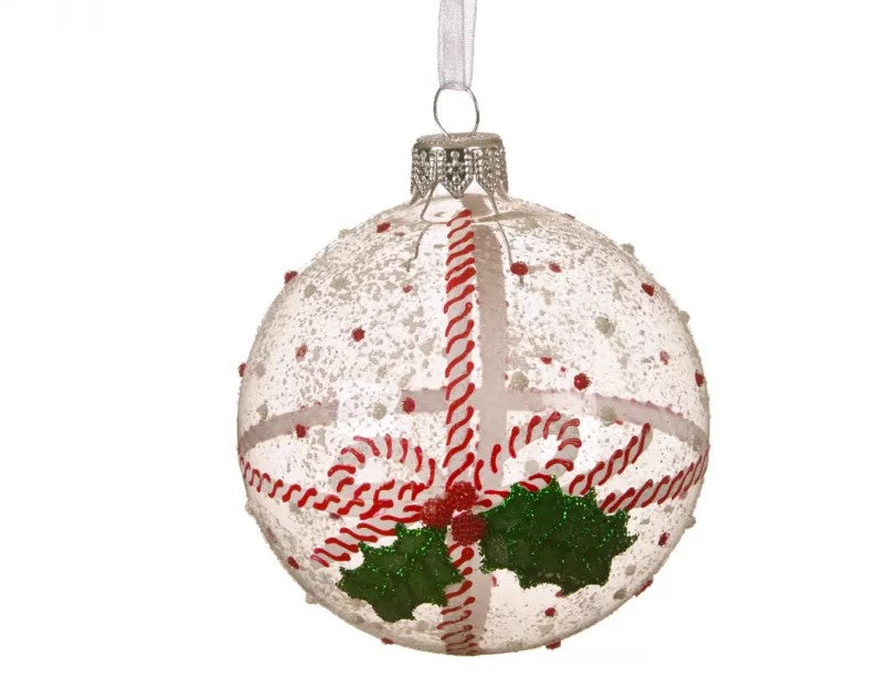 PALLINA DI NATALE IN VETRO TRASPARENTE CON AGRIFOGLIO E FIOCCO ROSSO BIANCO 8CM