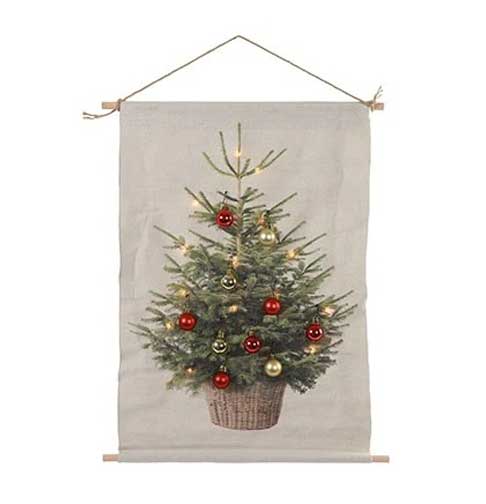 TELO DECORATIVO DA MURO CON ALBERO DI NATALE LED BIANCO CALDO E PALLINE ORO/ROSSE H60CM