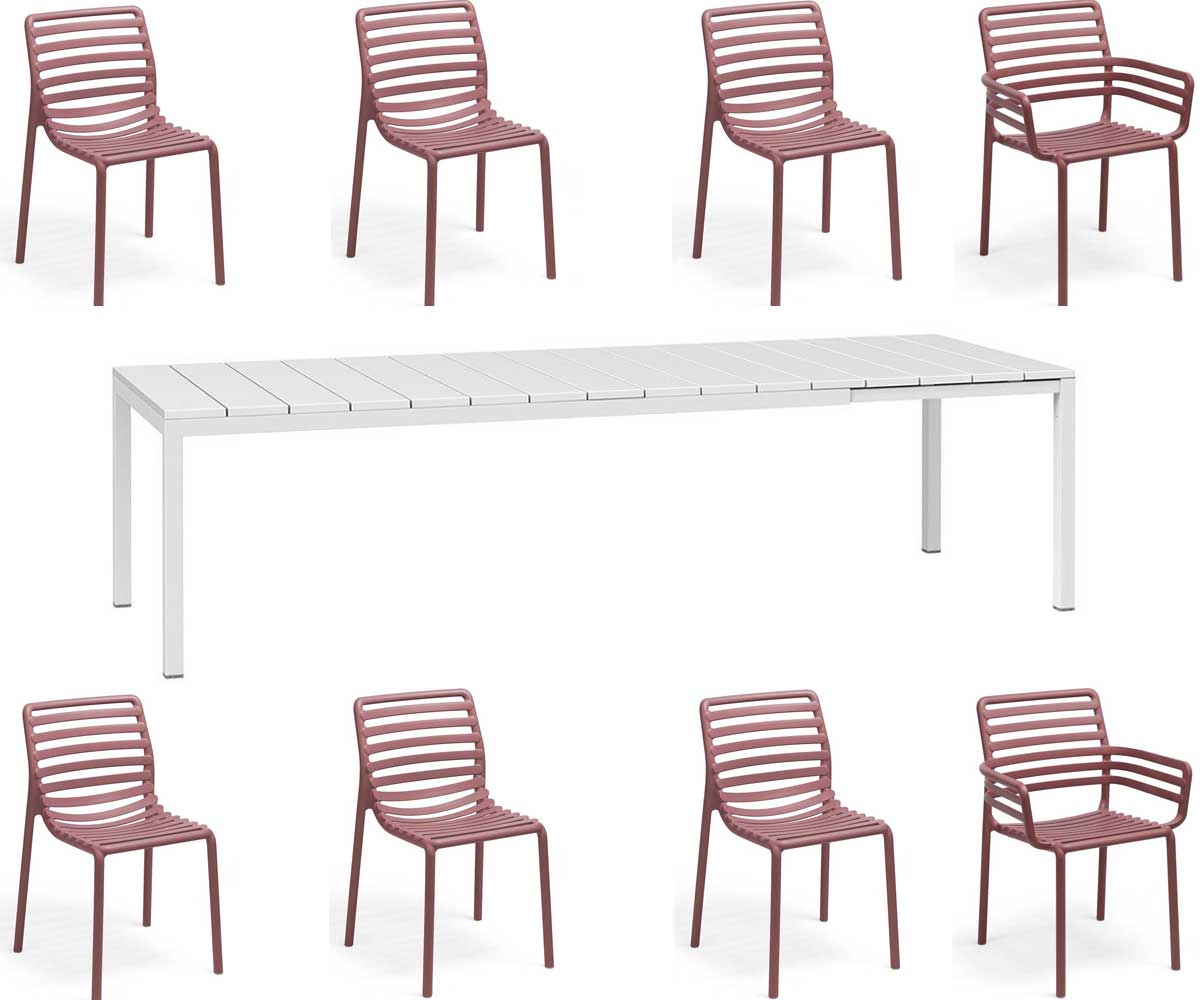 OFFERTA TAVOLO RIO ESTENDIBILE 210/280CM BIANCO +6 SEDIE +2 POLTRONE DOGA MARSALA