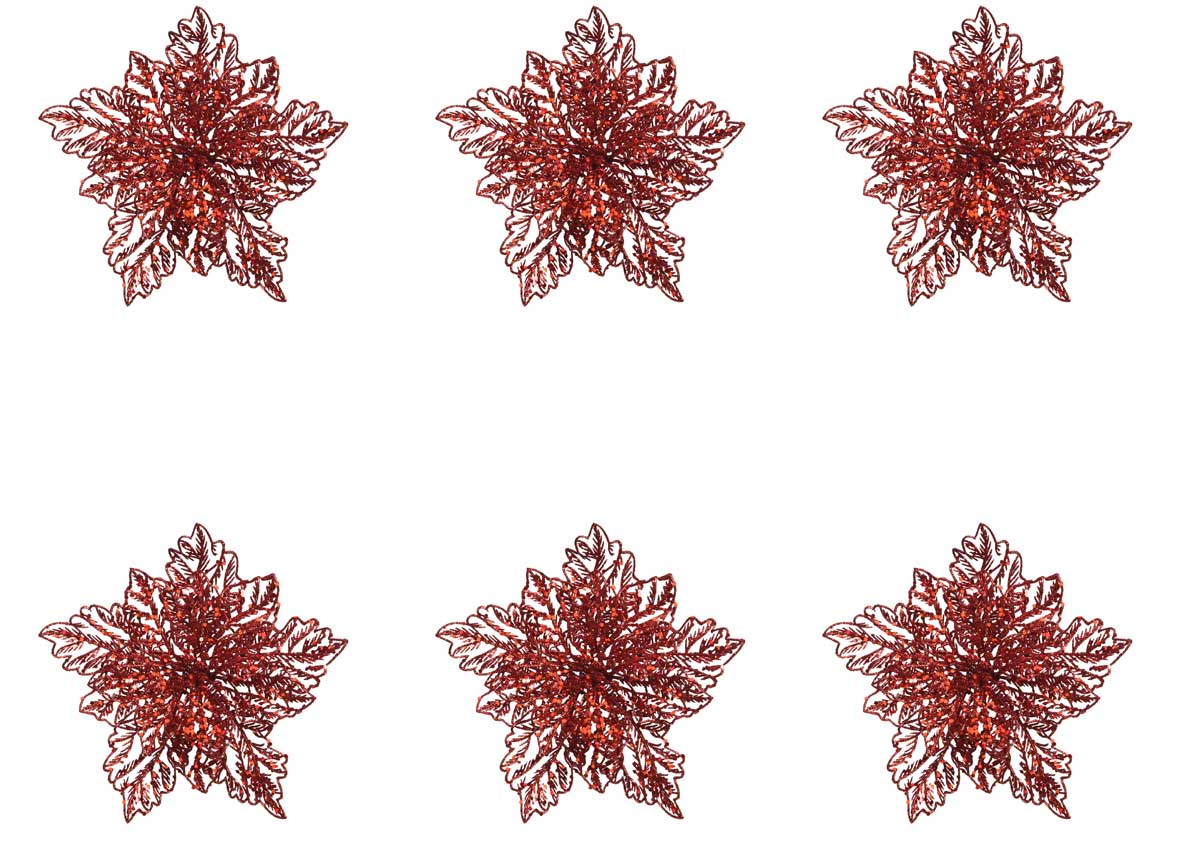 OFFERTA 6 POINSETTIA APPENDIBILE CON CLIPS 23.5 X 10 CM CON GLITTER ROSSO