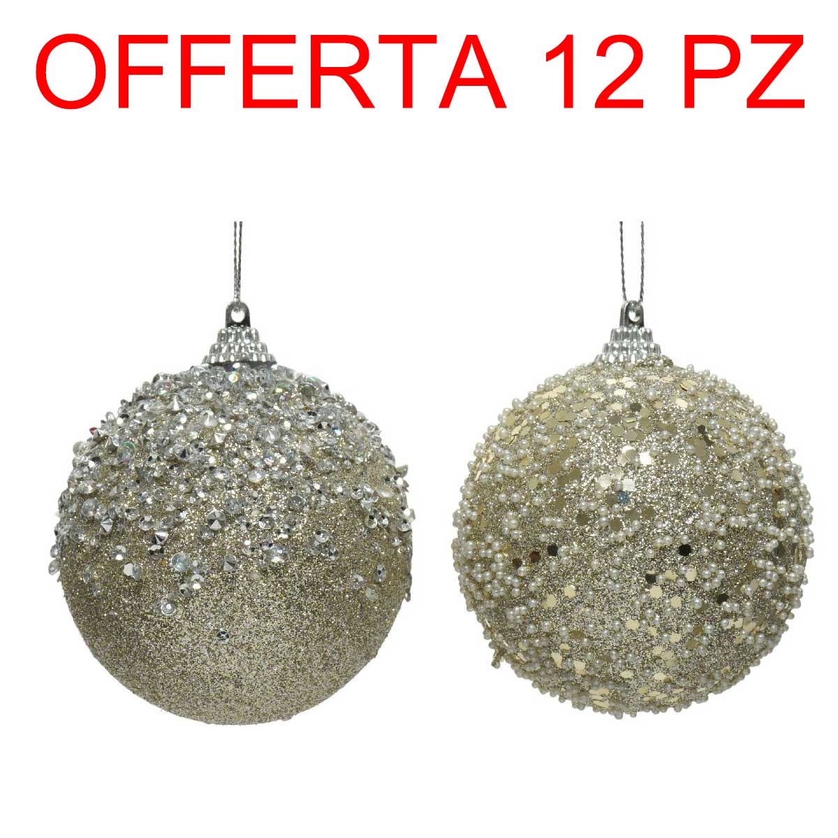 OFFERTA 12 PALLINE GLITTER CHAMPAGNE 8CM
