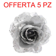 OFFERTA 5 ROSE GLITTER CON CLIP 14X8,5CM ARGENTO