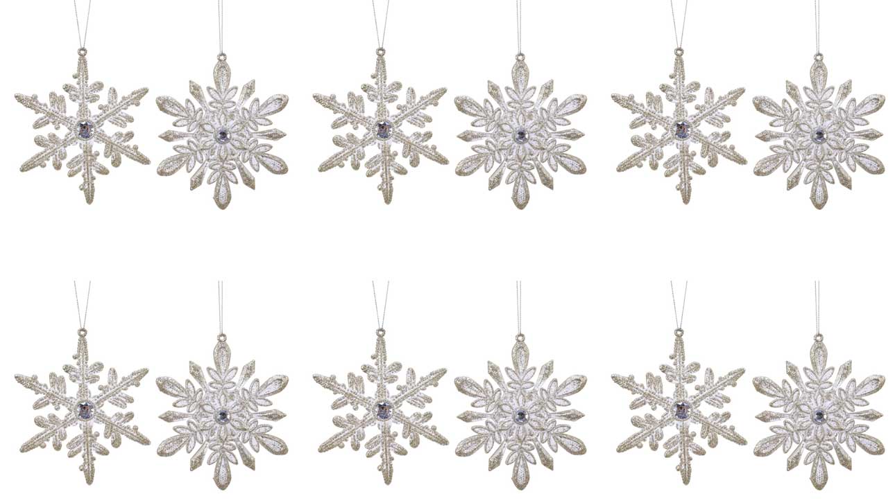 OFFERTA 12 FIOCCHI DI NEVE APPENDIBILI 0,5X9X13CM CHAMPAGNE ASSORTITI