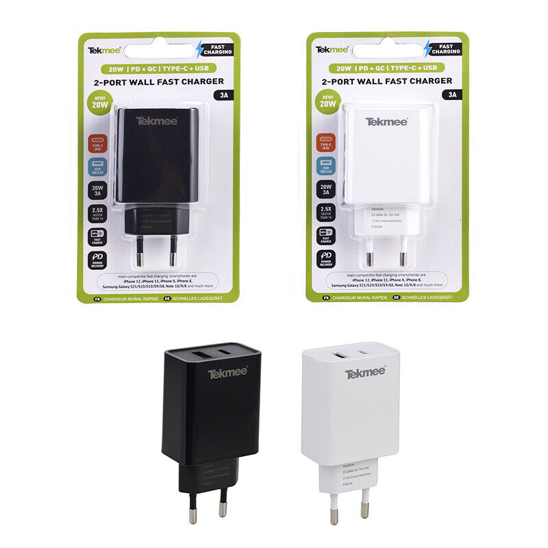 CARICABATTERIE RAPIDO 20W USB USB-C DA PARETE TEKMEE