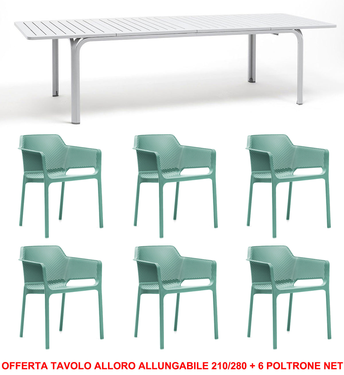 OFFERTA TAVOLO ALLORO ALLUNGABILE 210/280 + 6 POLTRONE NET COLORE A SCELTA