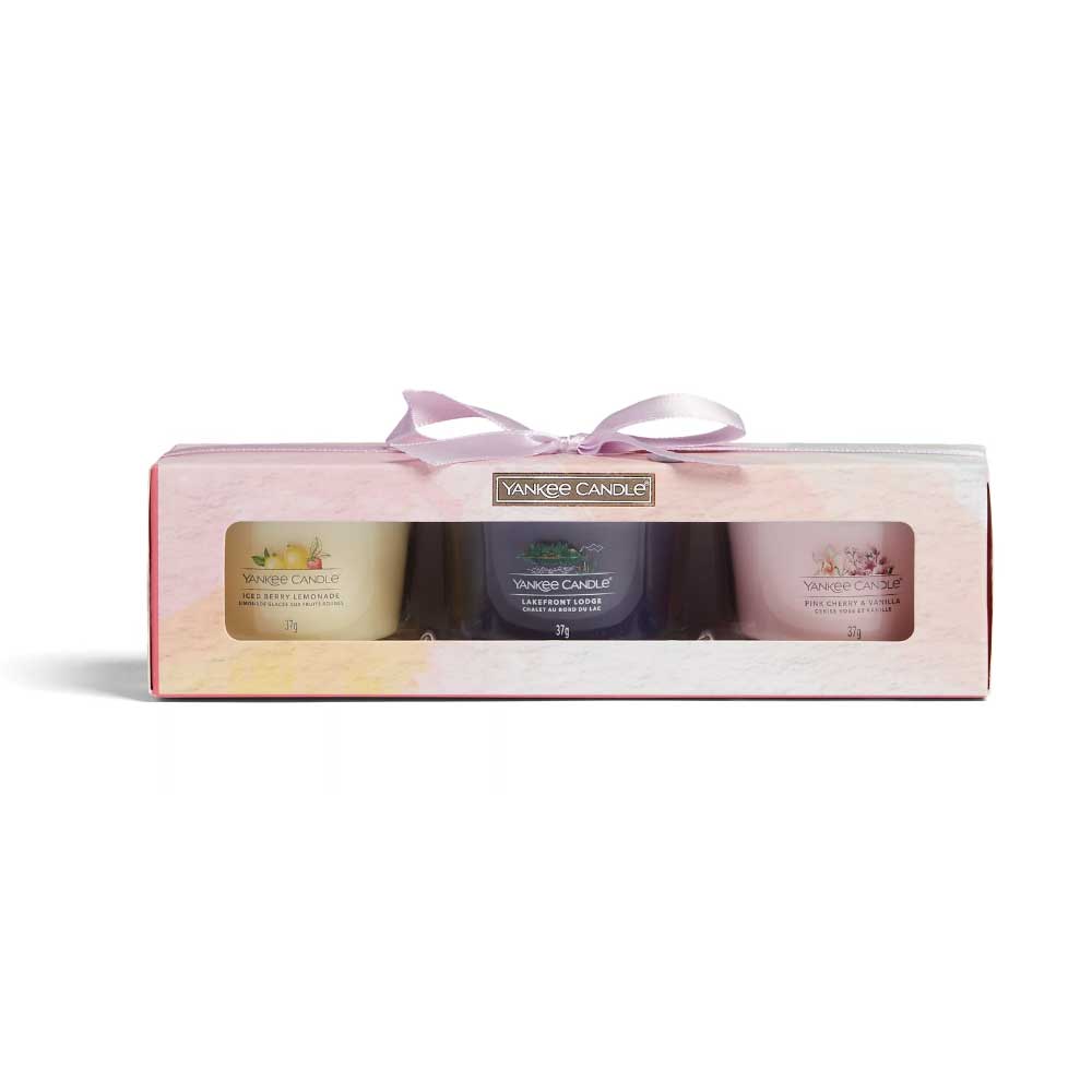 CONFEZIONE REGALO 3 CANDELE VOTIVE IN VETRO