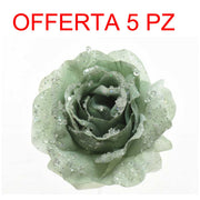 OFFERTA 5 ROSE GLITTER CON CLIP 14X8,5CM VERDE SALVIA
