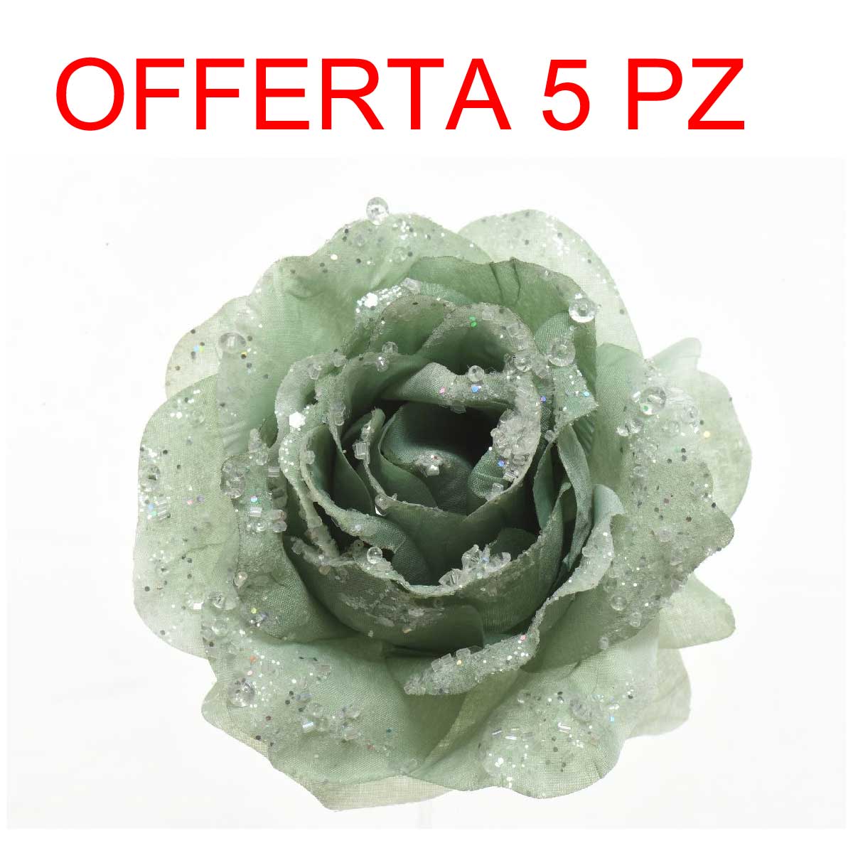 OFFERTA 5 ROSE GLITTER CON CLIP 14X8,5CM VERDE SALVIA