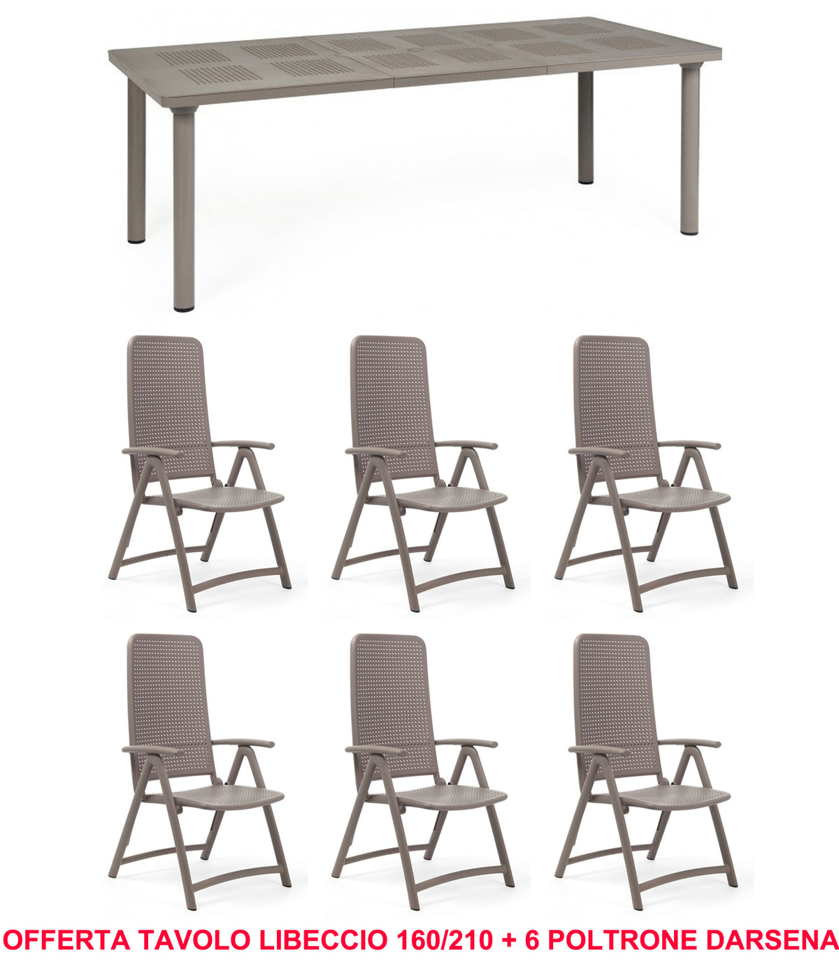 OFFRE : TABLE EXTENSIBLE LIBECCIO 160/220CM + 6 FAUTEUILS DARSENA DANS LES COULEURS DE VOTRE CHOIX