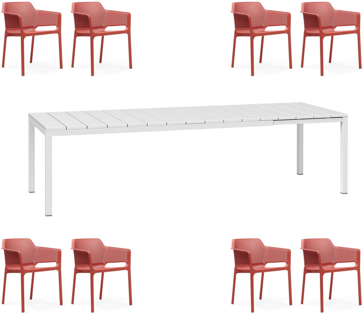 OFFRE : TABLE EXTENSIBLE RIO 210/280 + 8 FAUTEUILS EN FILET DANS LA COULEUR DE VOTRE CHOIX