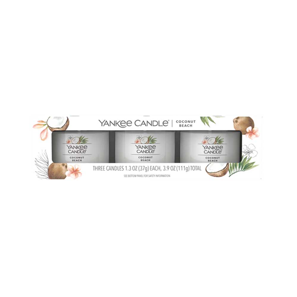 3 CANDELE PROFUMATE VOTIVE IN VETRO COCONUT BEACH