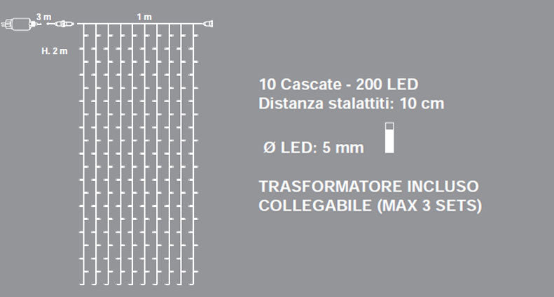 TENDA CON CASCATA 200 LED BIANCO GHIACCIO CON GIOCHI DI LUCE 1XH2MT COLLEGABILE