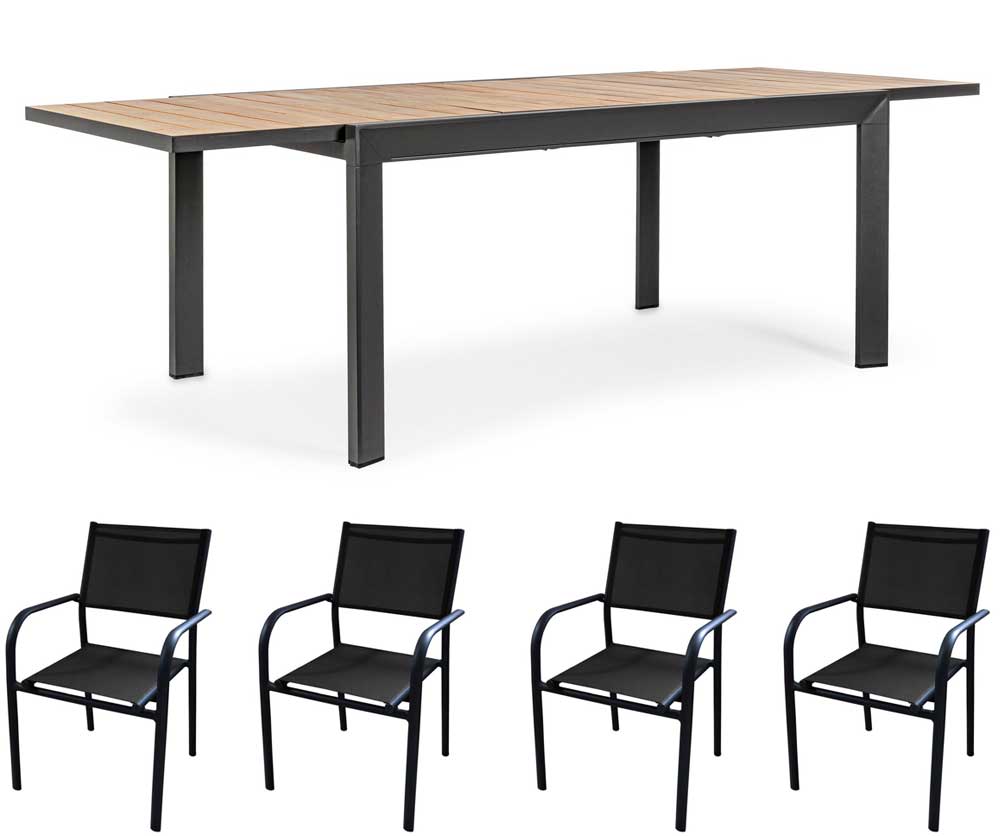 OFFERTA TAVOLO BELMAR ALLUNGABILE 100X160/240CM ANTRACITE +4 POLTRONE DUCA GRAFITE/NERO