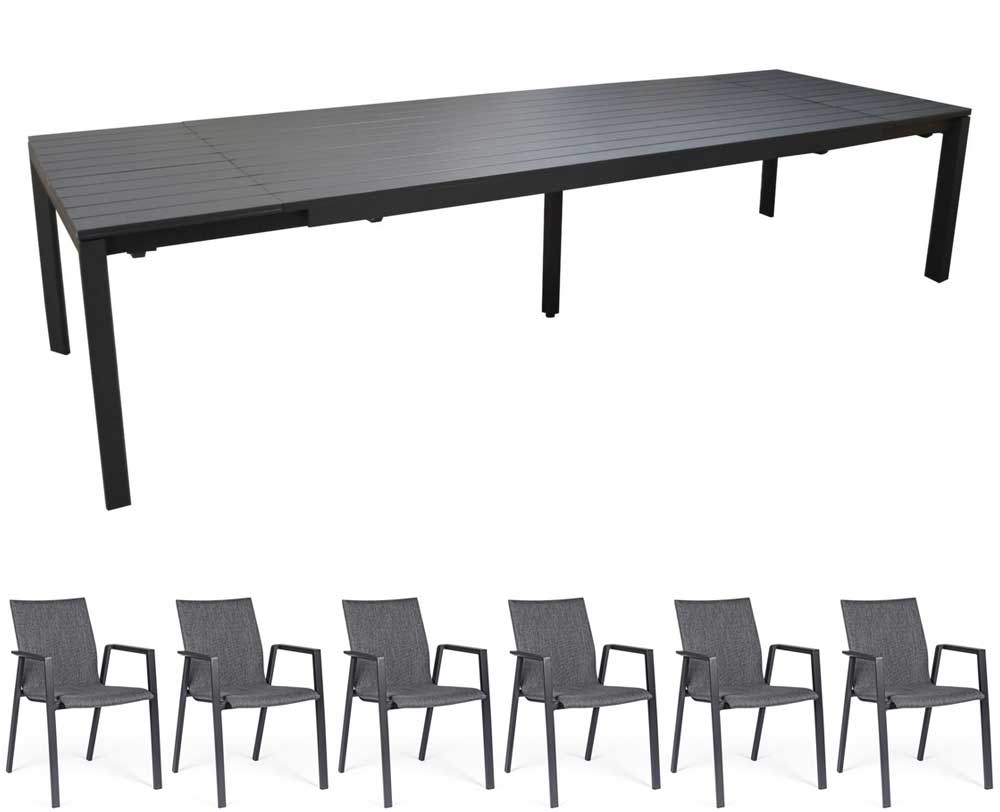 TAVOLO ALLUNGABILE 220/280/340X106 GRAFITE ELENA II +6 POLTRONE ODEON ANTRACITE