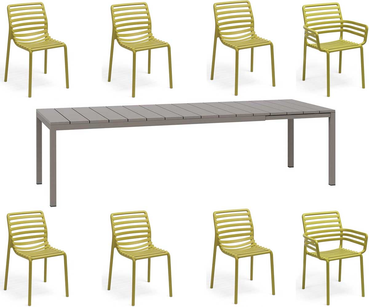 OFFERTA TAVOLO RIO ESTENDIBILE 210/280CM TORTORA +6 SEDIE +2 POLTRONE DOGA GIALLO
