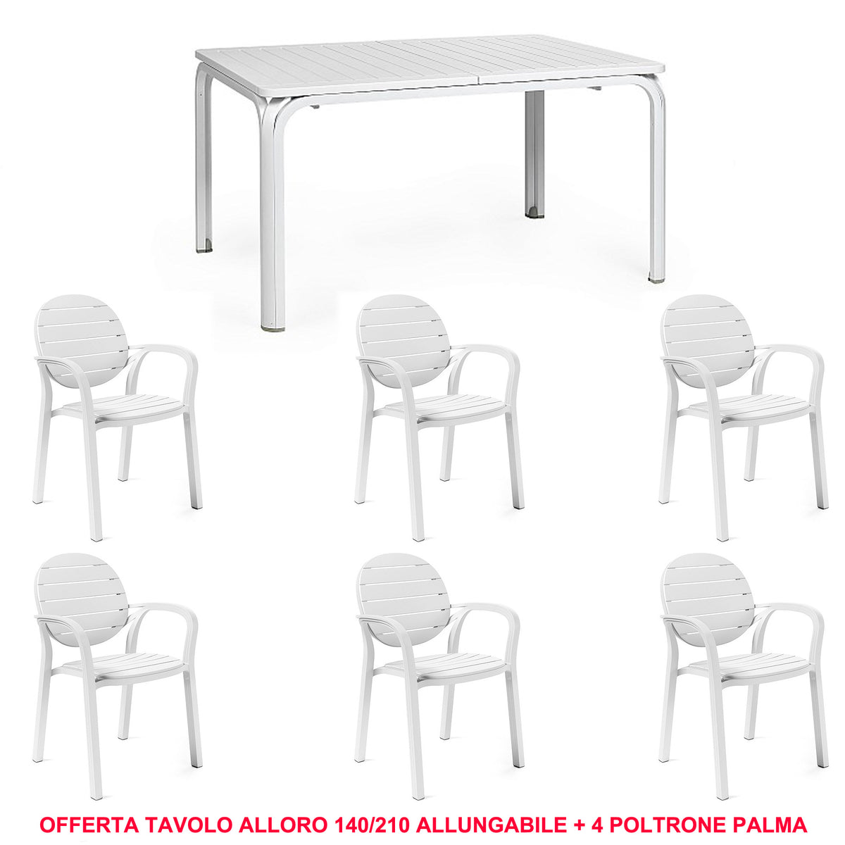 OFFERTA TAVOLO ALLORO ESTENSIBILE 140/210CM + 6 POLTRONE PALMA COLORE A SCELTA