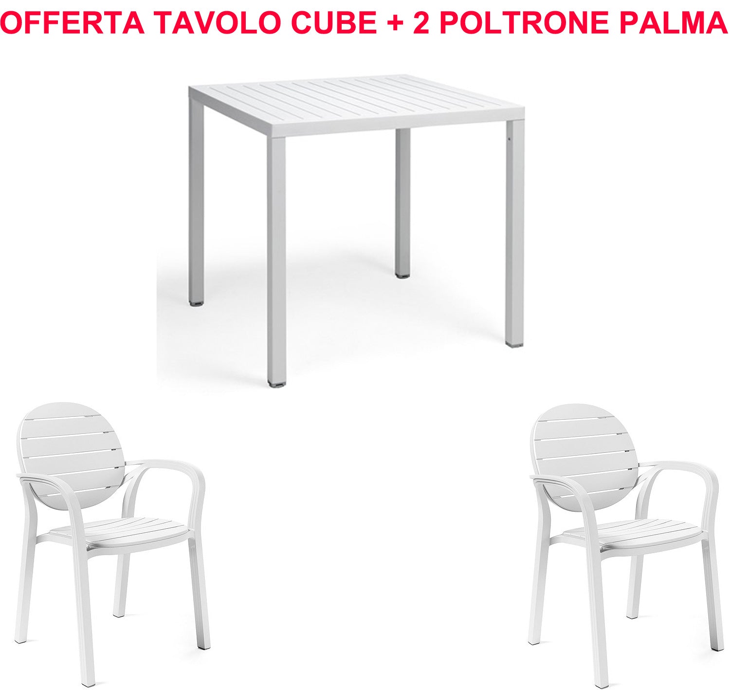 OFFRE : TABLE CUBE 80X80 + 2 CHAISES PALMA, COULEUR AU CHOIX
