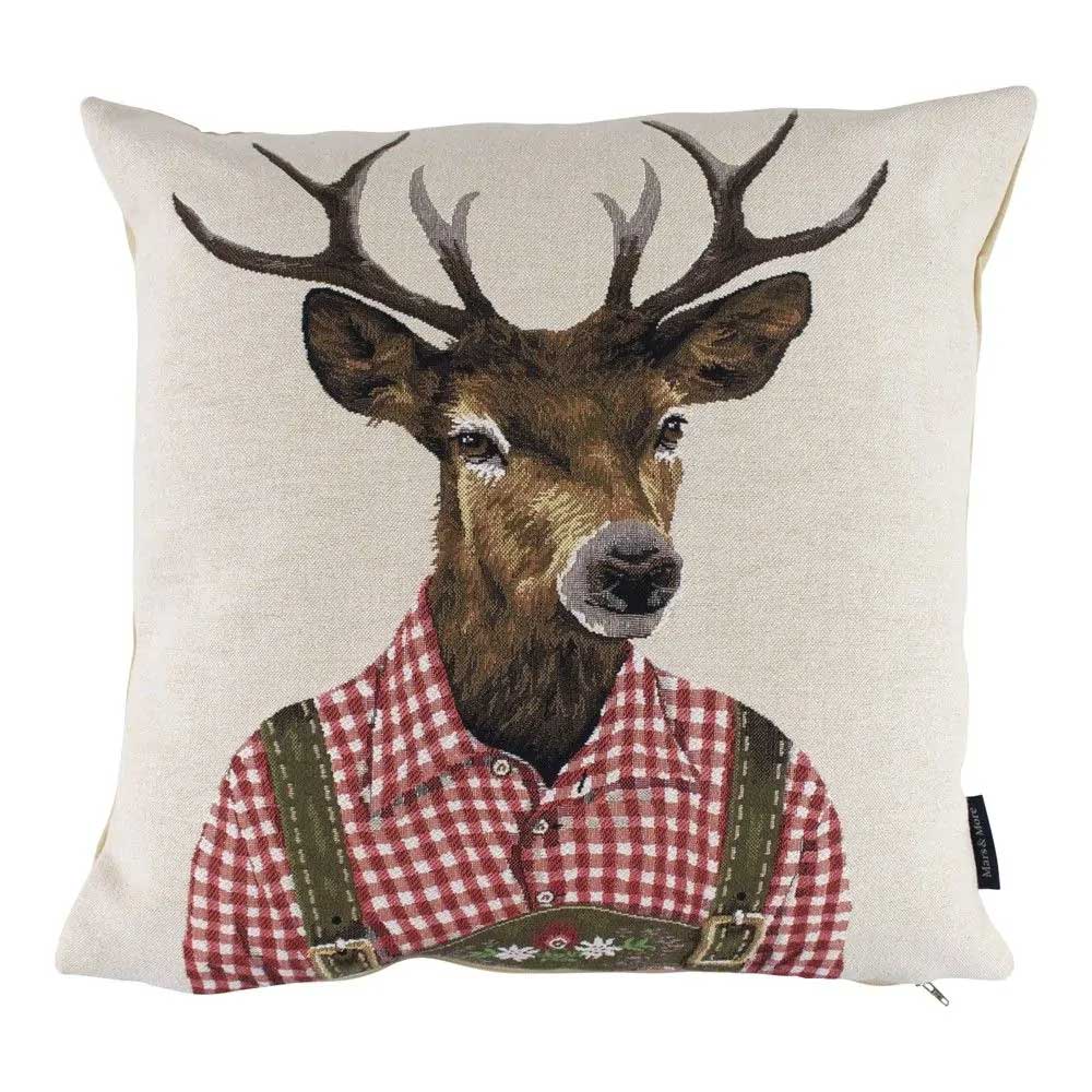 CUSCINO GOBELIN CON CERVO TIROLESE CAMICIA ROSSA 45X45CM