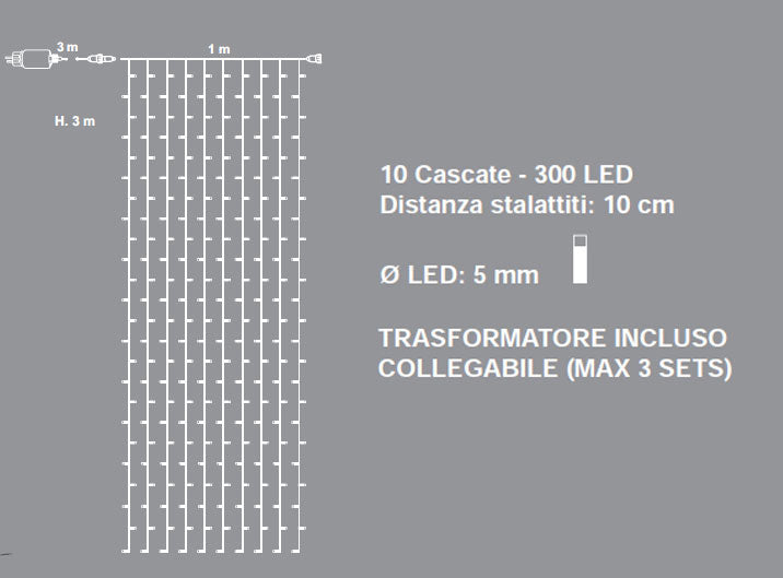 TENDA CON CASCATA 300 LED BIANCO GHIACCIO CON GIOCHI DI LUCE 1XH3MT COLLEGABILE