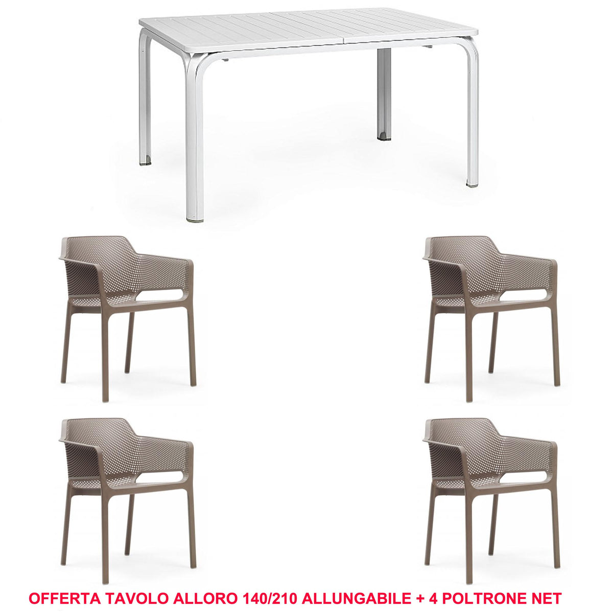 OFFERTA TAVOLO ALLORO ALLUNGABILE 140/210 + 4 POLTRONE NET COLORE A SCELTA