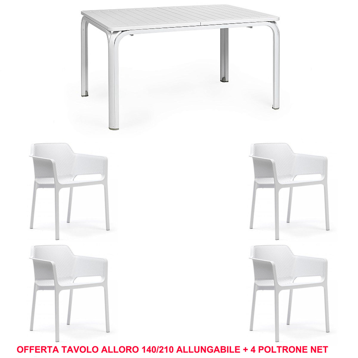 OFFERTA TAVOLO ALLORO ALLUNGABILE 140/210 + 4 POLTRONE NET COLORE A SCELTA